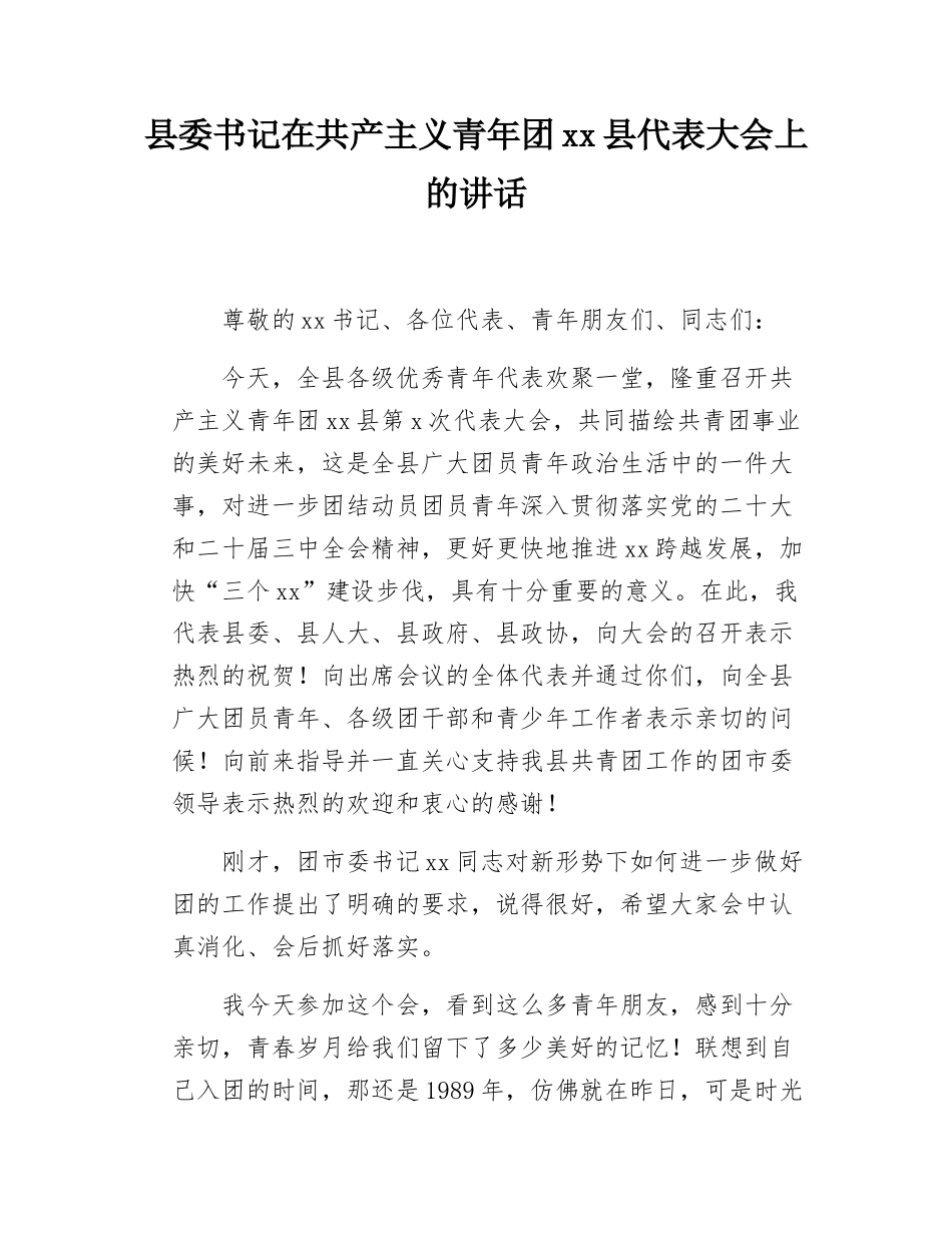 县委书记在共产主义青年团xx县代表大会上的讲话.docx_第1页