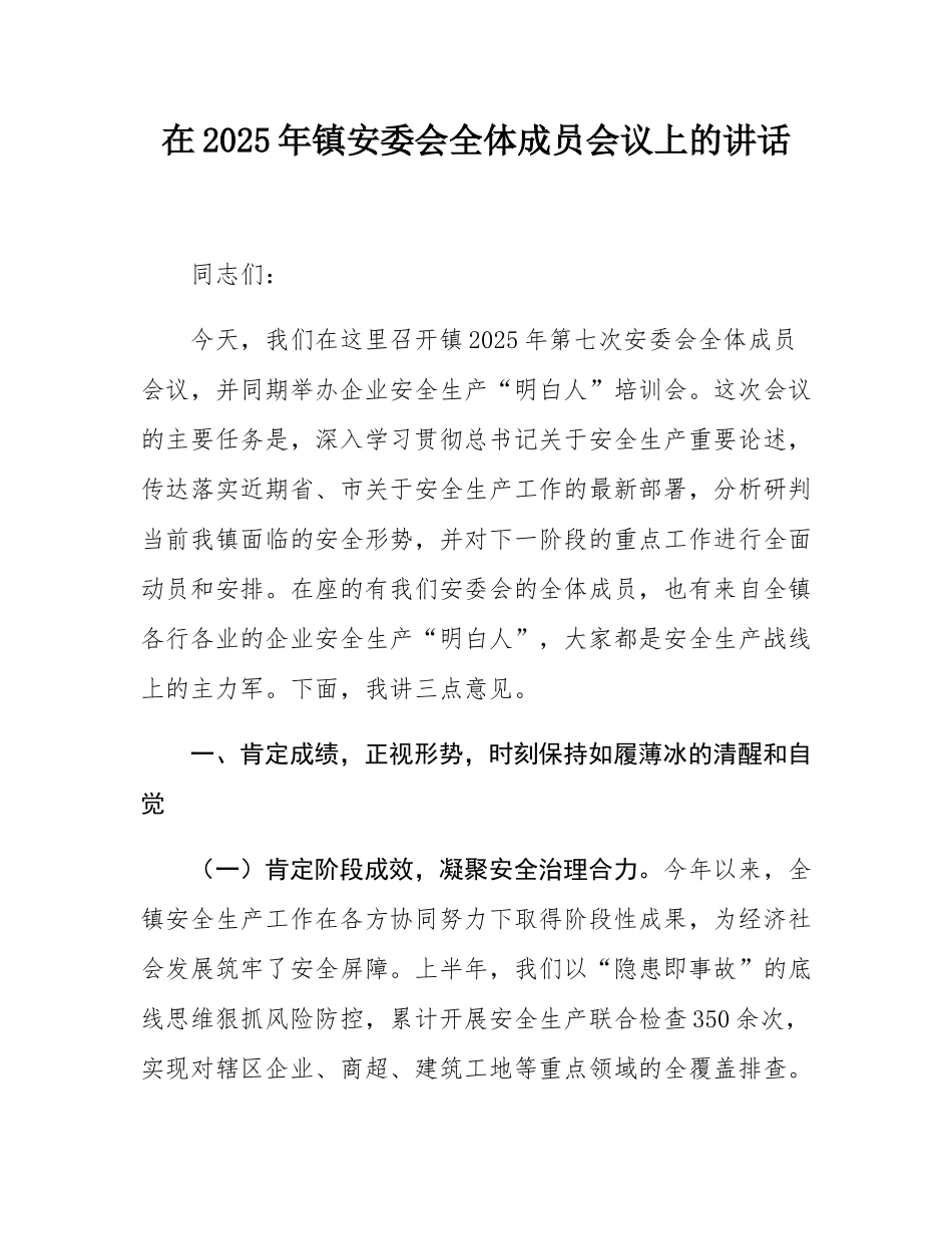 在2025年镇安委会全体成员会议上的讲话.docx_第1页