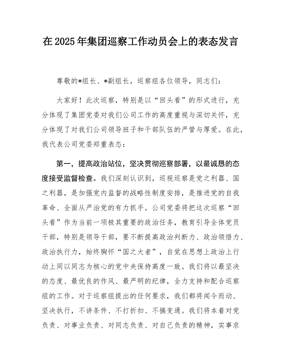 在2025年集团巡察工作动员会上的表态发言.docx_第1页