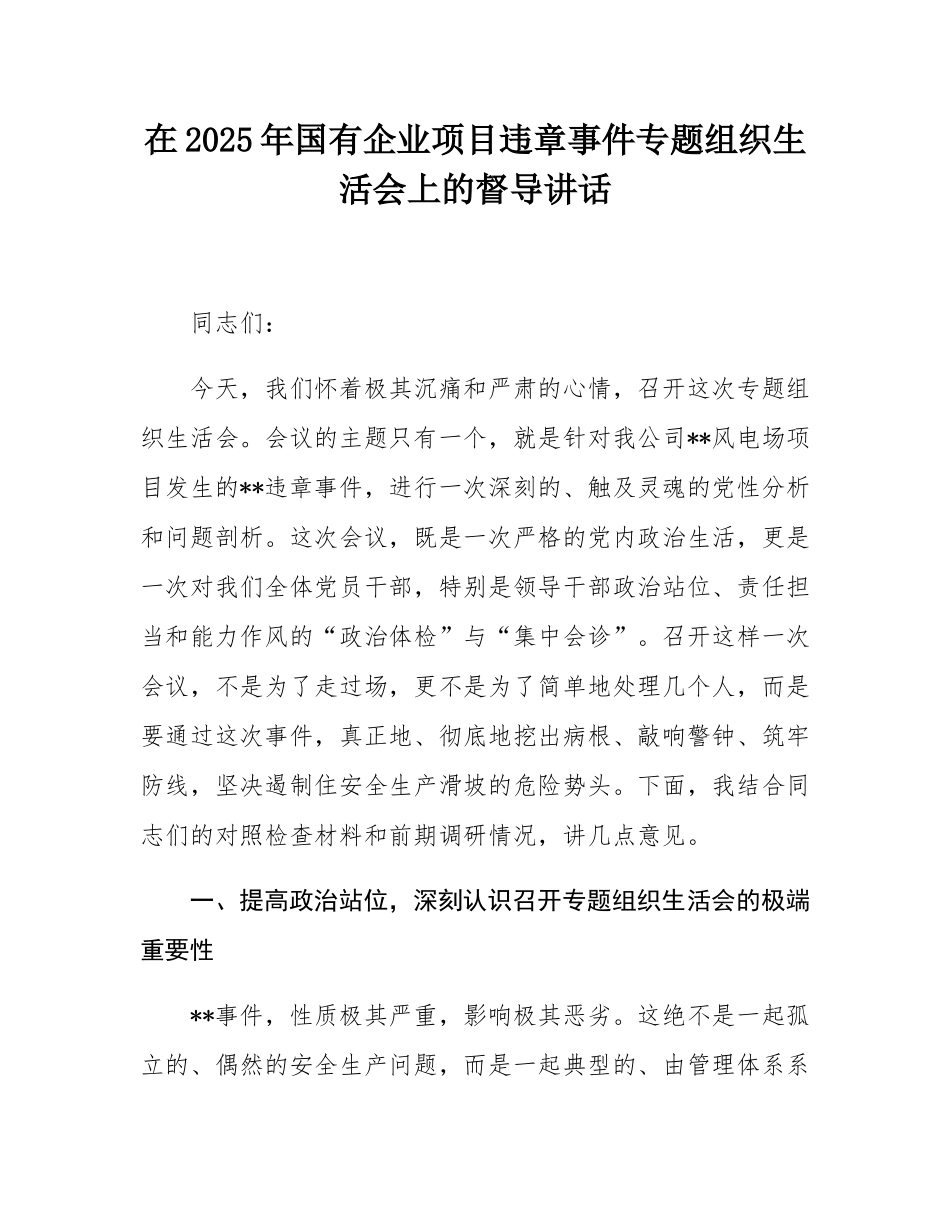 在2025年国有企业项目违章事件专题组织SH会上的督导讲话.docx_第1页
