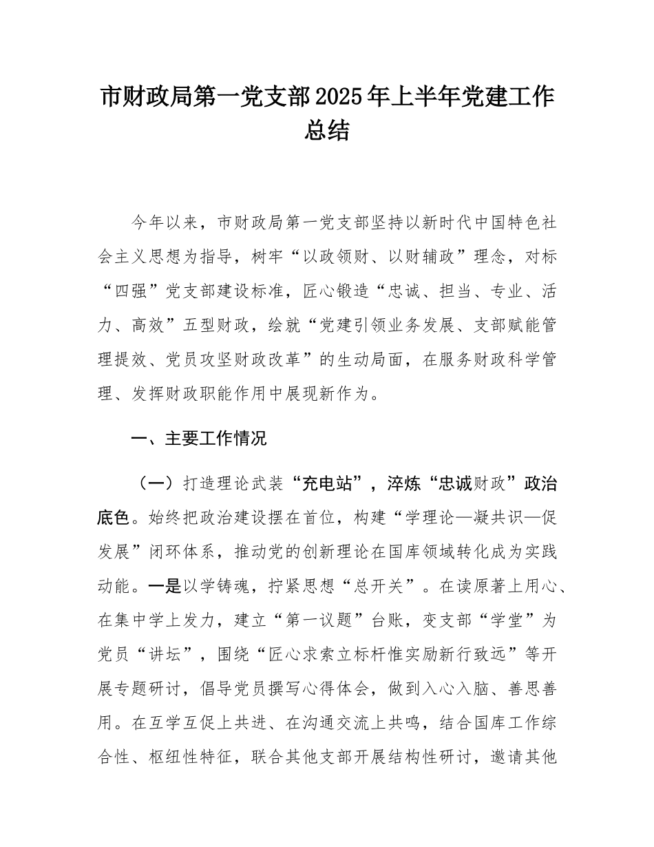市财政局第一党支部2025年上半年党建工作总结.docx_第1页