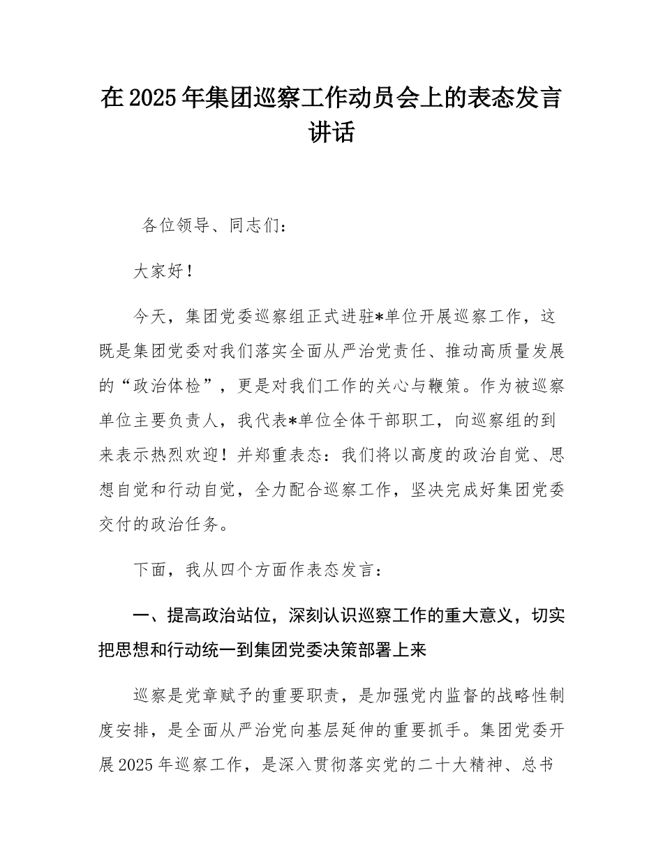 在2025年集团巡察工作动员会上的表态发言讲话.docx_第1页