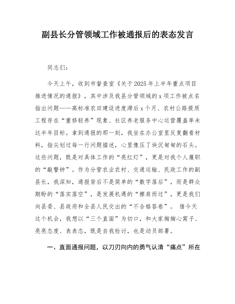 副县长分管领域工作被通报后的表态发言.docx_第1页
