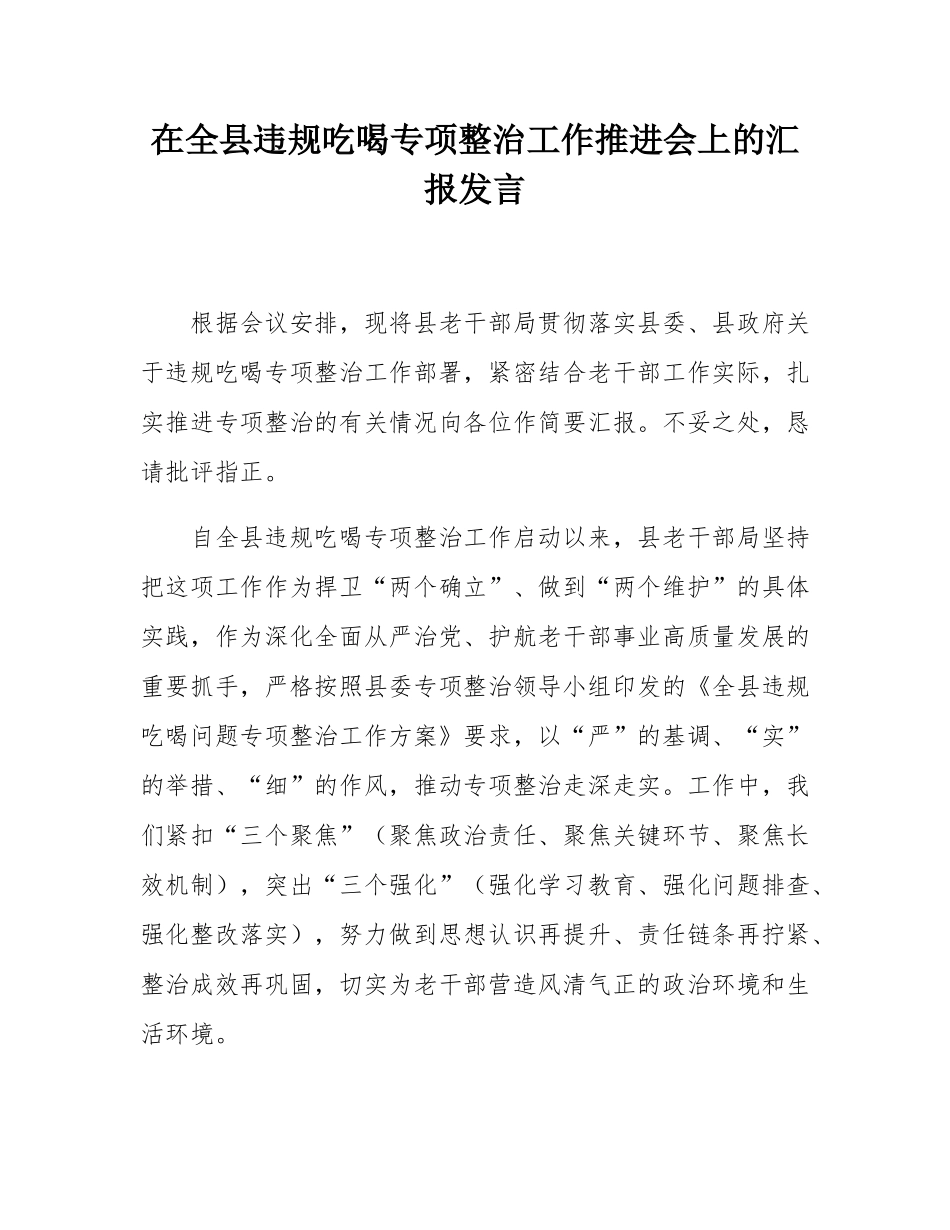 在全县违规吃喝专项整治工作推进会上的汇报发言.docx_第1页