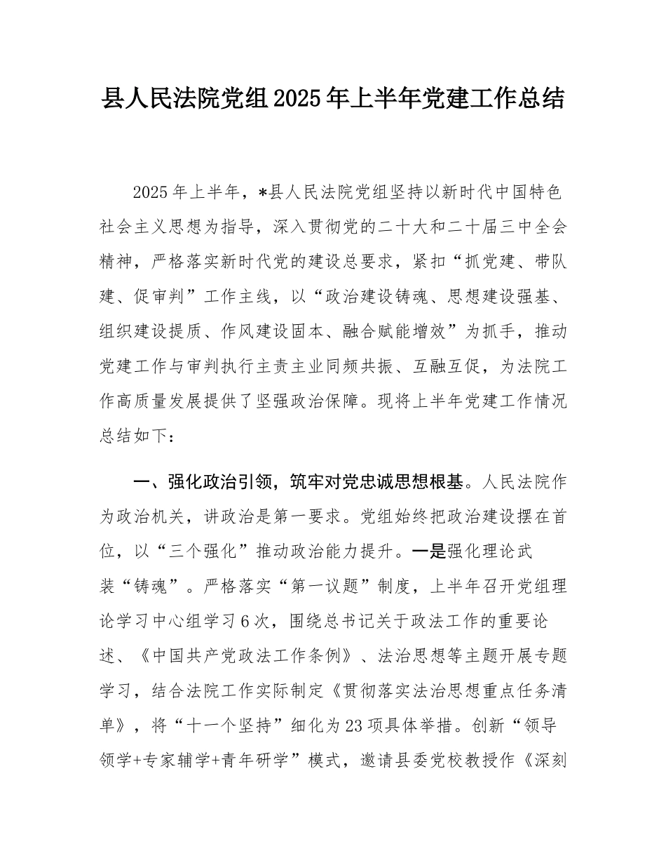 县人民法院党组2025年上半年党建工作总结.docx_第1页