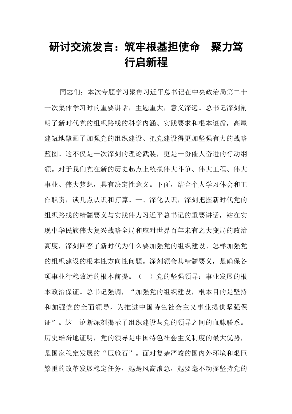 研讨交流发言：筑牢根基担使命  聚力笃行启新程.docx_第1页