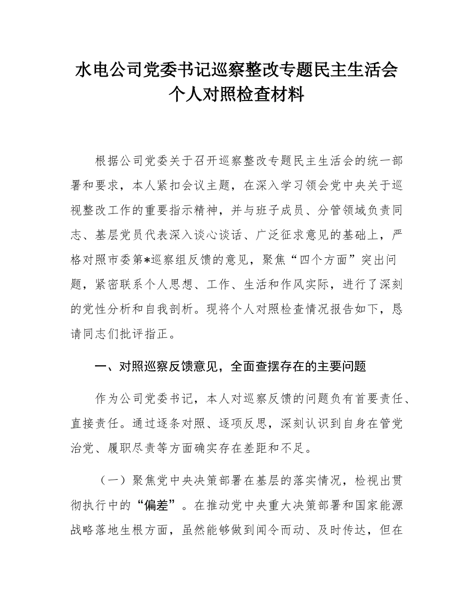 水电公司党委书记巡察整改专题民主SH会个人对照检查材料.docx_第1页