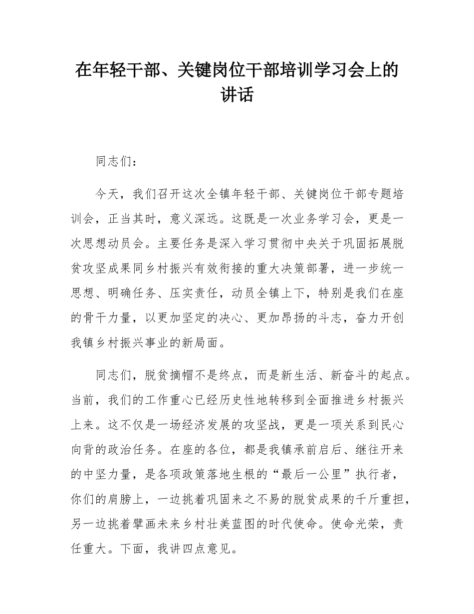 在年轻干部、关键岗位干部培训学习会上的讲话.docx_第1页