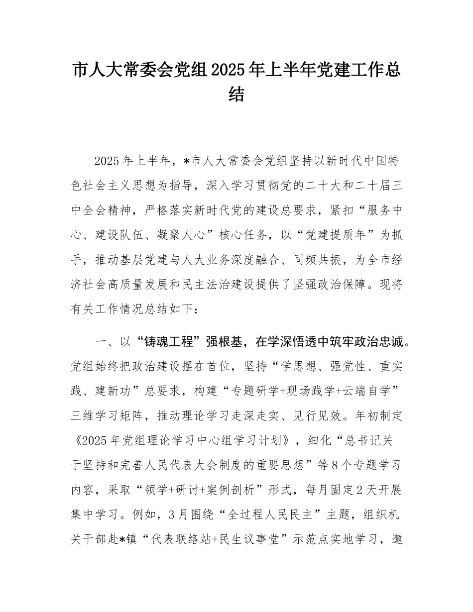 市人大常委会党组2025年上半年党建工作总结.docx_第1页
