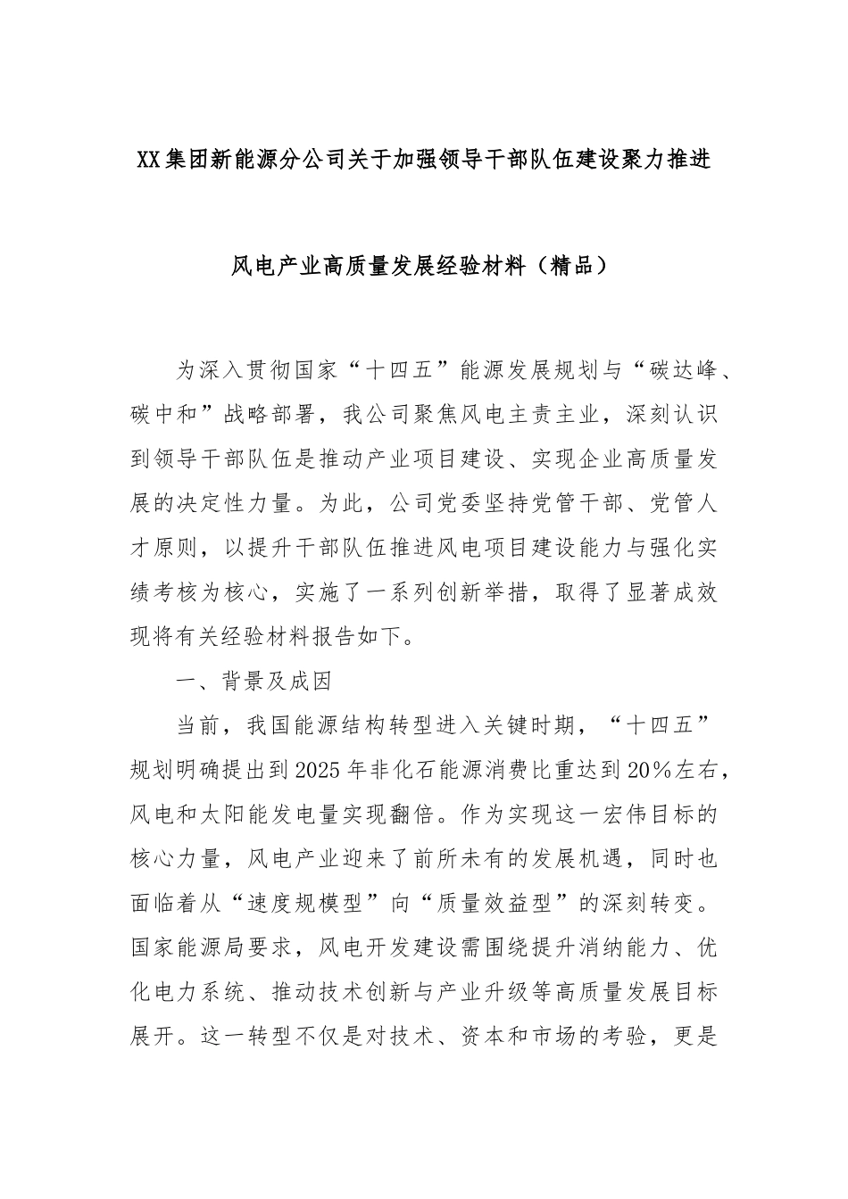 XX集团新能源分公司关于加强领导干部队伍建设聚力推进风电产业高质量发展经验材料（精品）.docx_第1页