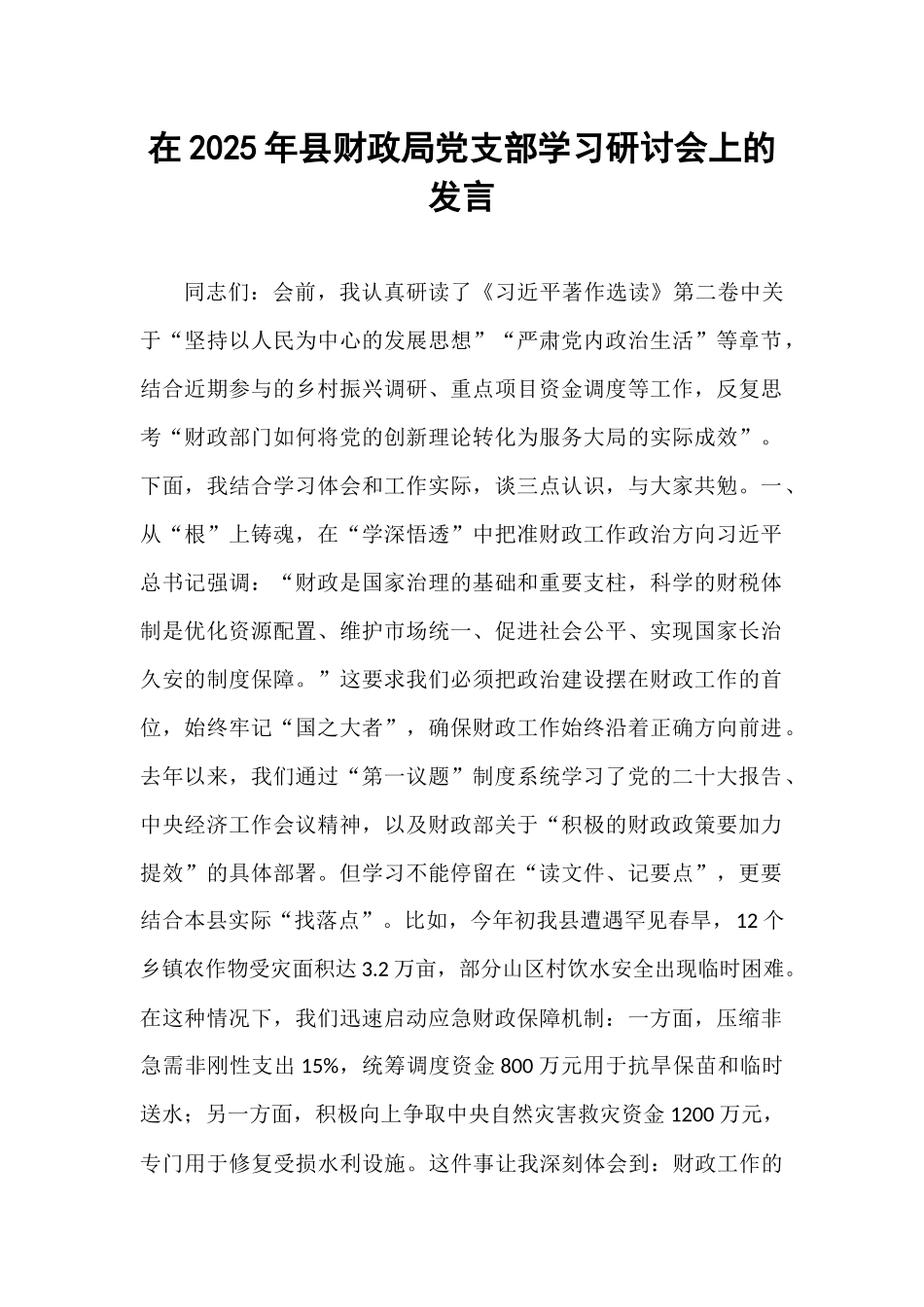 在2025年县财政局党支部学习研讨会上的发言.docx_第1页