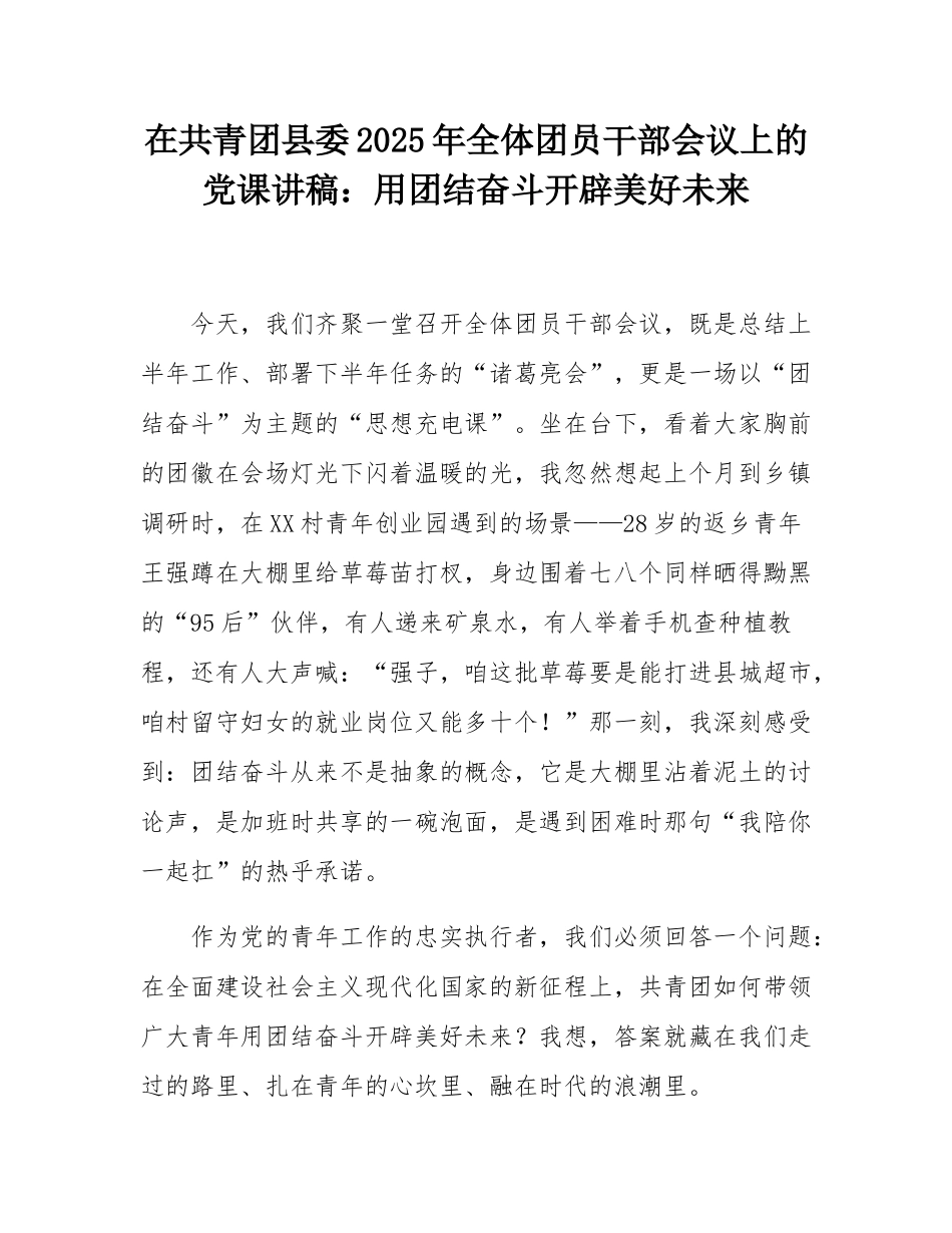 在共青团县委2025年全体团员干部会议上的党课讲稿：用团结奋斗开辟美好未来.docx_第1页