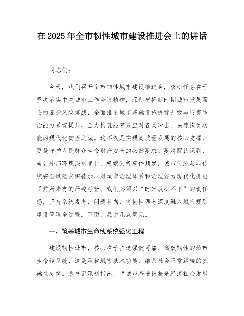 在2025年全市韧性城市建设推进会上的讲话.docx_第1页
