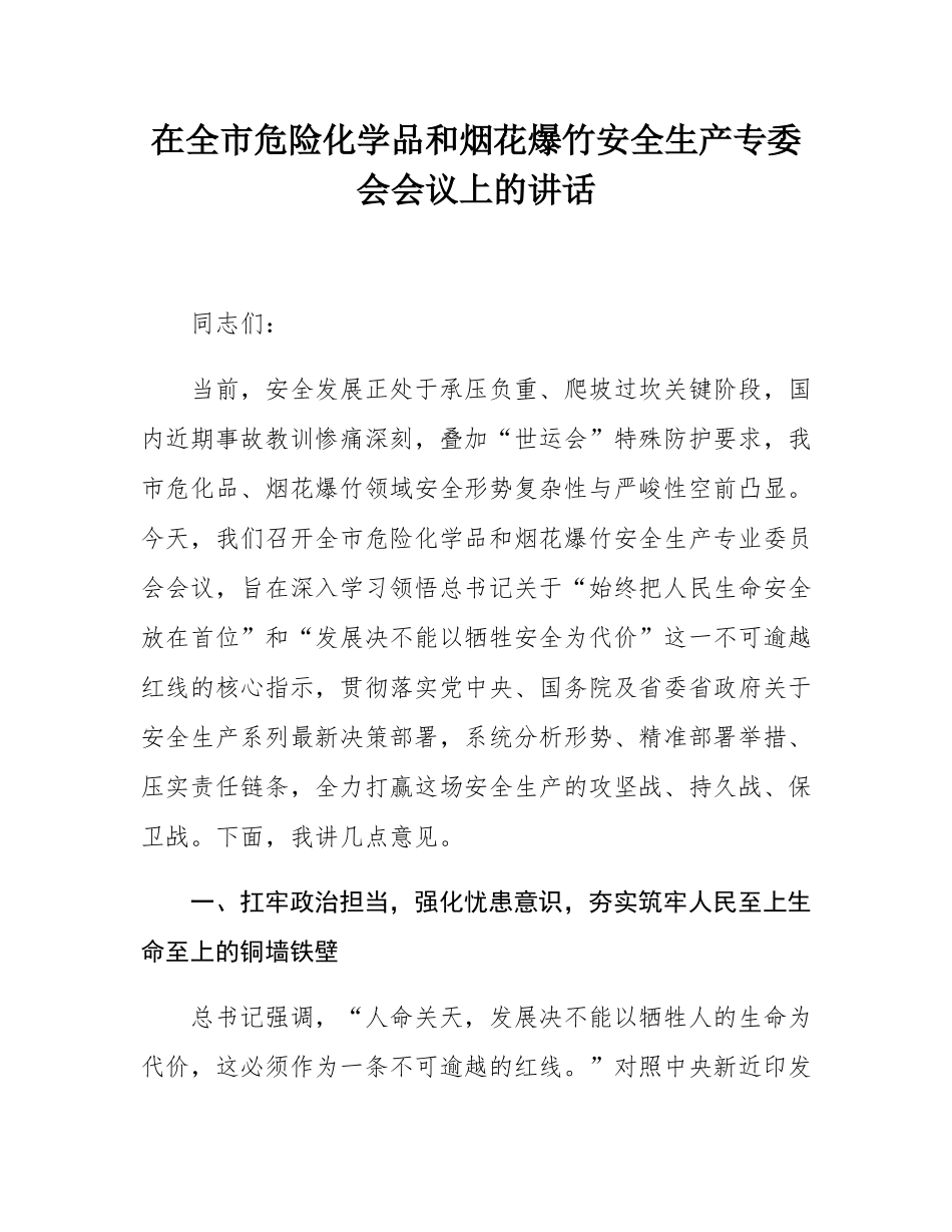 在全市危险化学品和烟花爆竹安全生产专委会会议上的讲话.docx_第1页