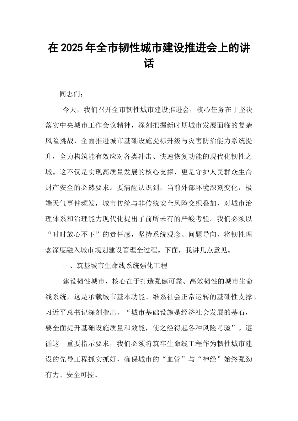 在2025年全市韧性城市建设推进会上的讲话.docx_第1页