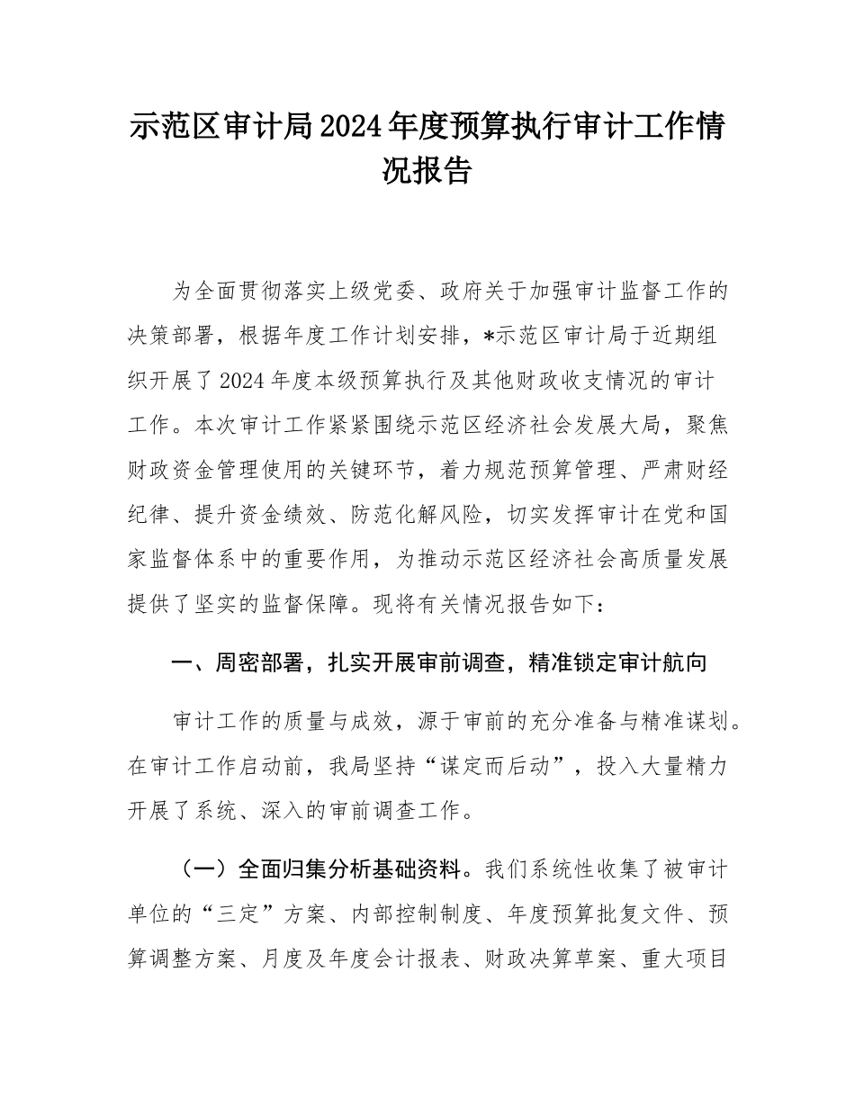 示范区审计局2024年度预算执行审计工作情况报告.docx_第1页