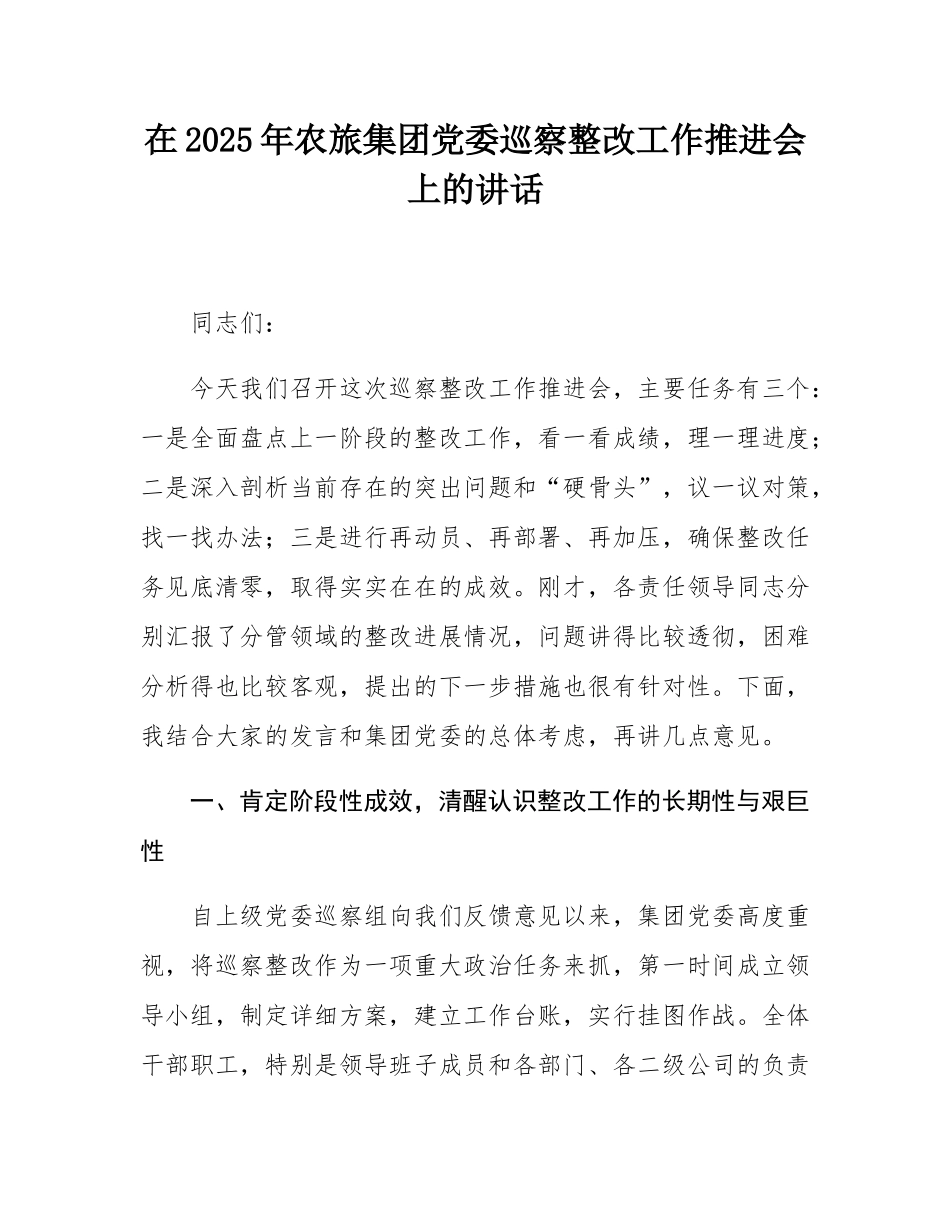 在2025年农旅集团党委巡察整改工作推进会上的讲话.docx_第1页