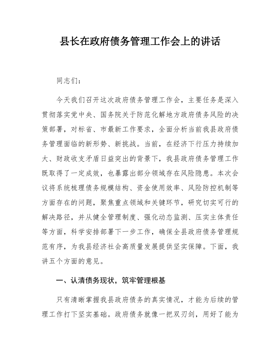 县长在政府债务管理工作会上的讲话.docx_第1页