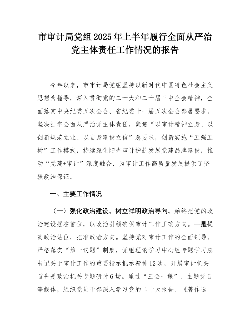 市审计局党组2025年上半年履行全面从严治党主体责任工作情况的报告.docx_第1页