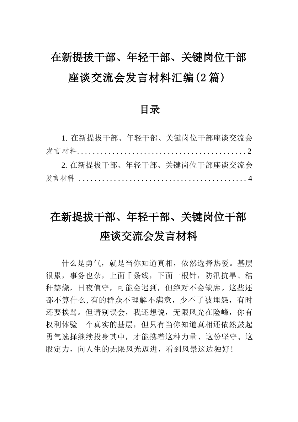 【2篇】在新提拔干部、年轻干部、关键岗位干部座谈交流会发言材料汇编.docx_第1页