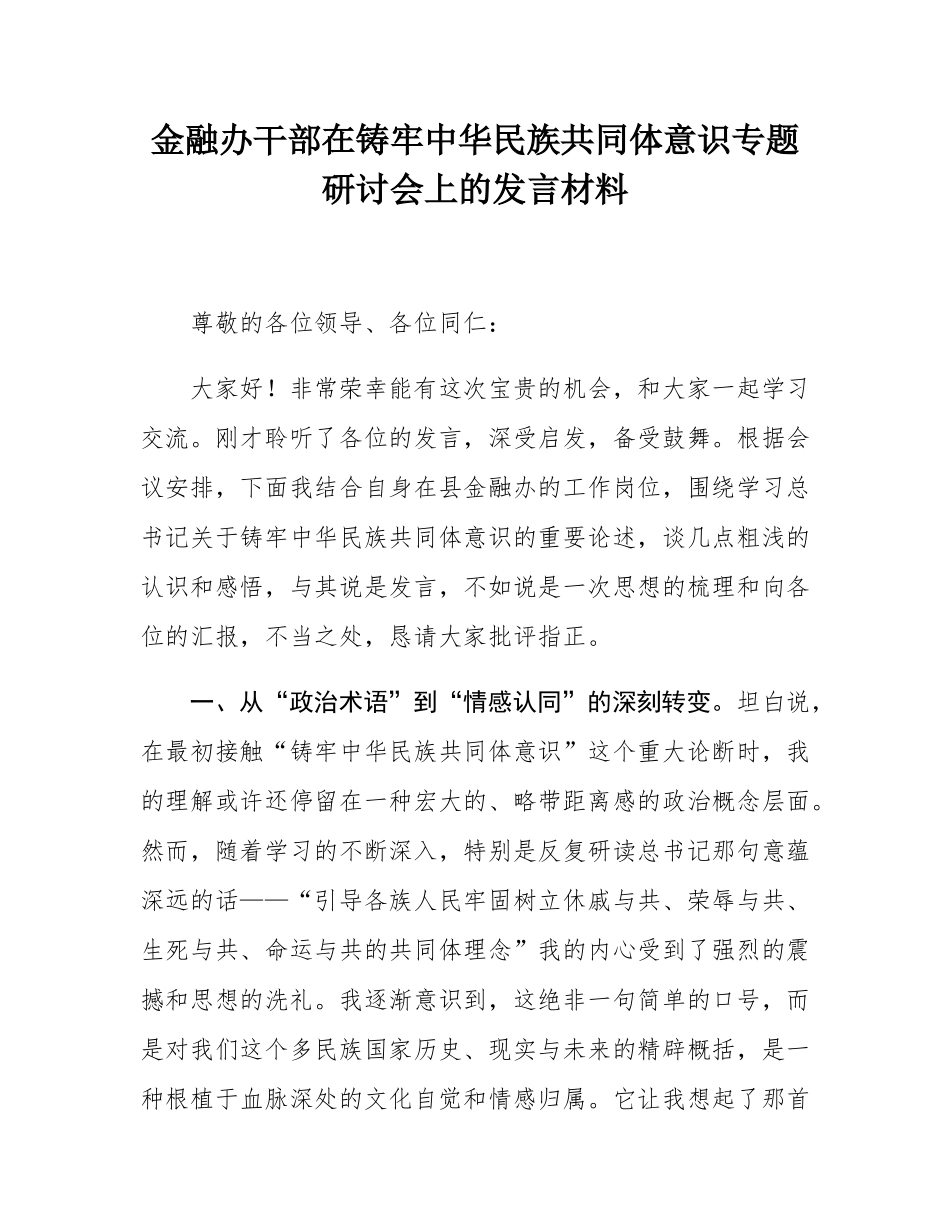 金融办干部在铸牢中华民族共同体意识专题研讨会上的发言材料.docx_第1页