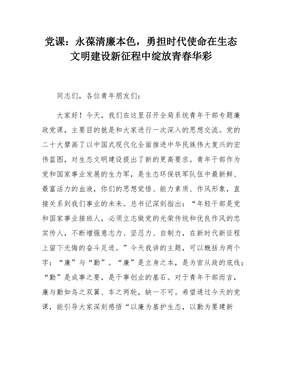 党课：永葆清廉本色，勇担时代使命在生态文明建设新征程中绽放青春华彩.docx_第1页