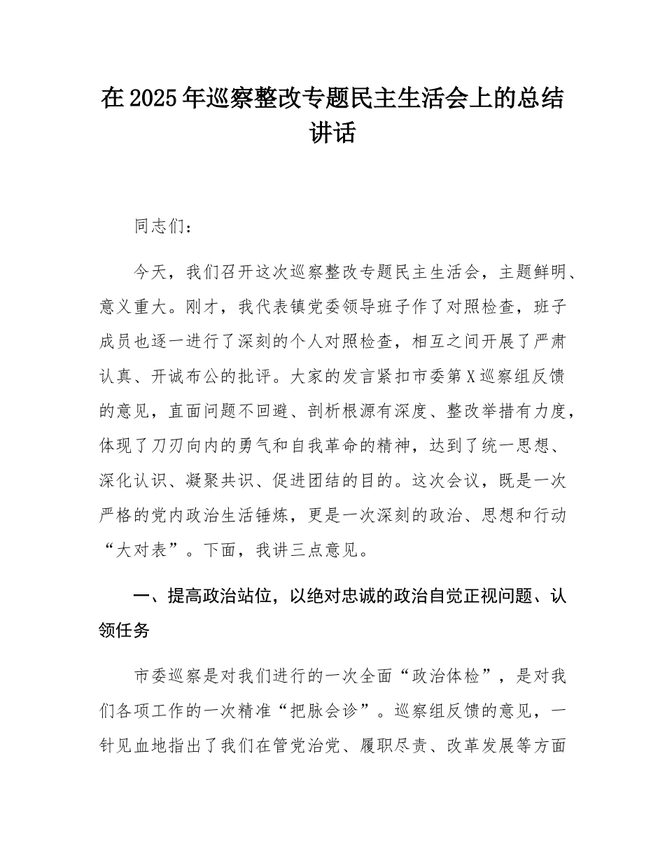 在2025年巡察整改专题民主SH会上的总结讲话.docx_第1页