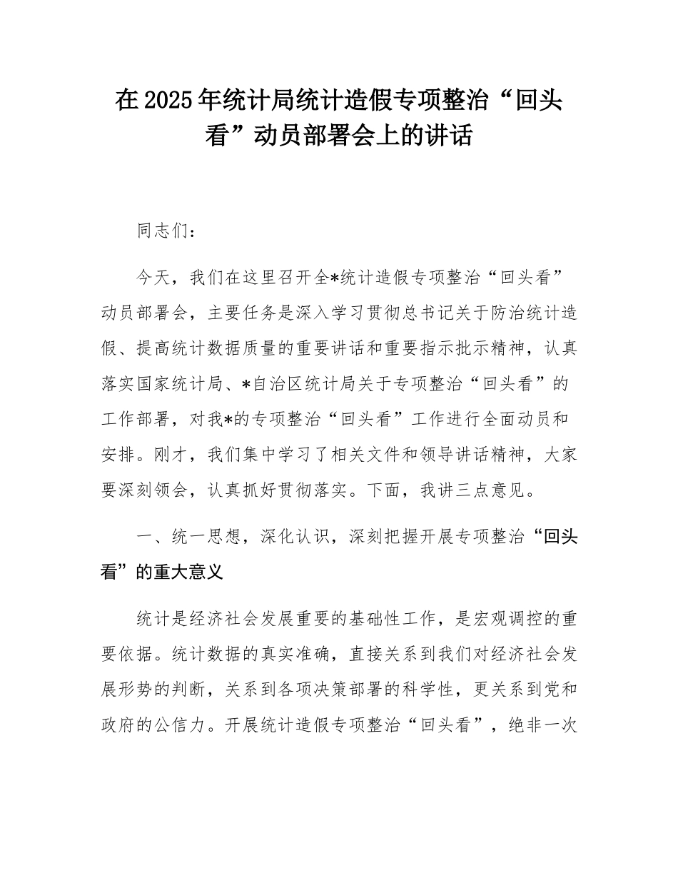 在2025年统计局统计造假专项整治“回头看”动员部署会上的讲话.docx_第1页