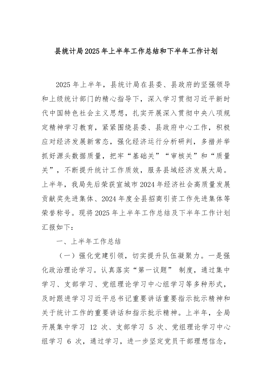 县统计局2025年上半年工作总结和下半年工作计划.docx_第1页