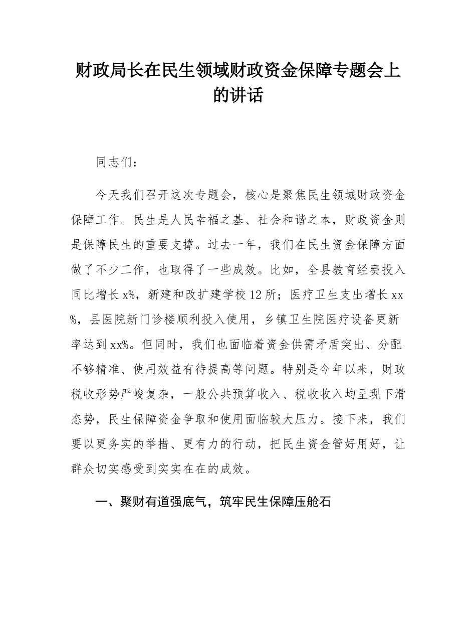 财政局长在民生领域财政资金保障专题会上的讲话.docx_第1页