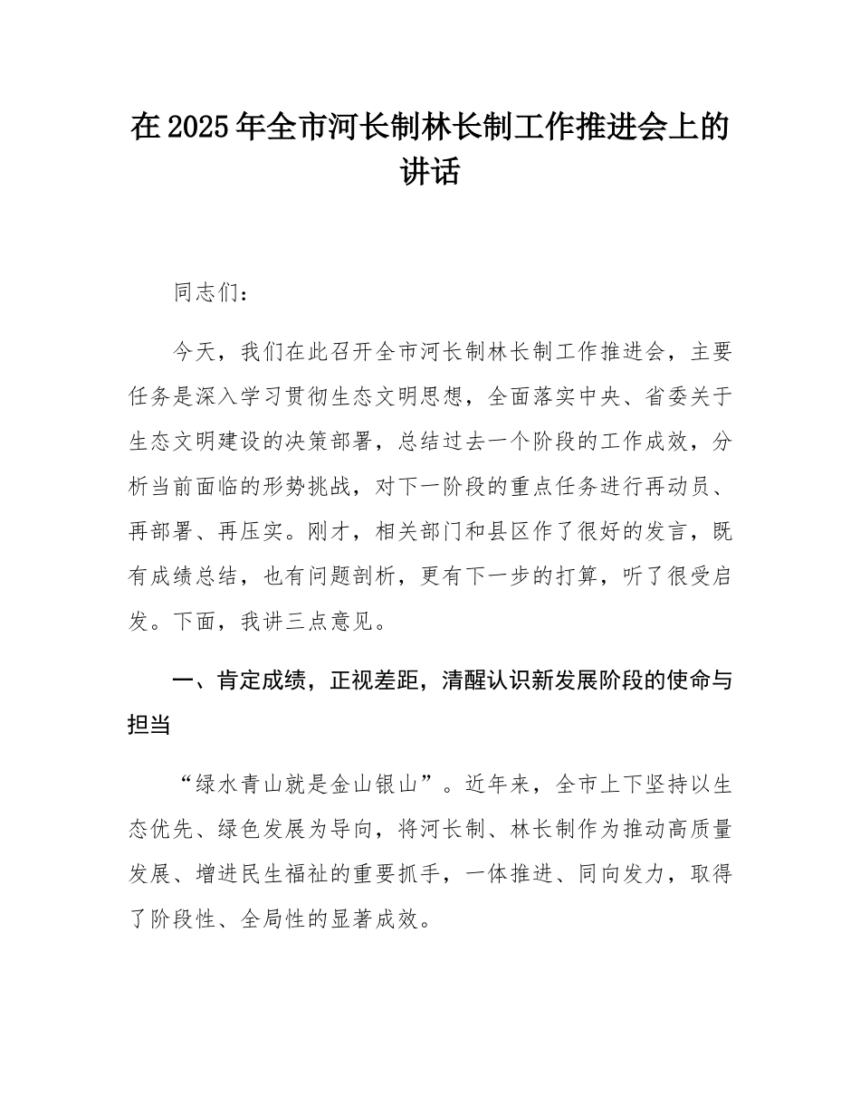 在2025年全市河长制林长制工作推进会上的讲话.docx_第1页