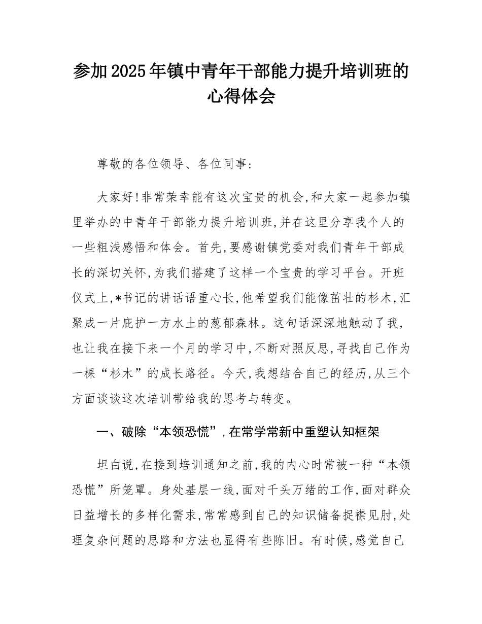 参加2025年镇中青年干部能力提升培训班的心得体会.docx_第1页