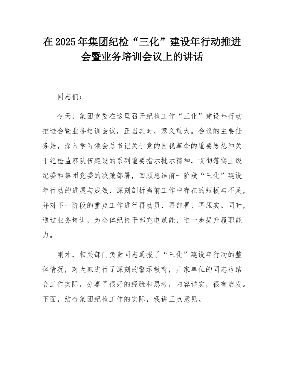 在2025年集团纪检“三化”建设年行动推进会暨业务培训会议上的讲话.docx_第1页
