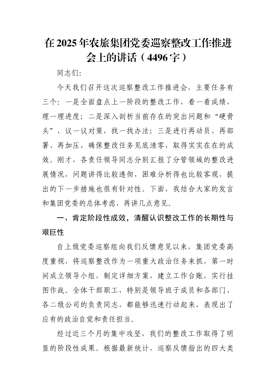 在2025年农旅集团党委巡察整改工作推进会上的讲话（国企4496字）.docx_第1页