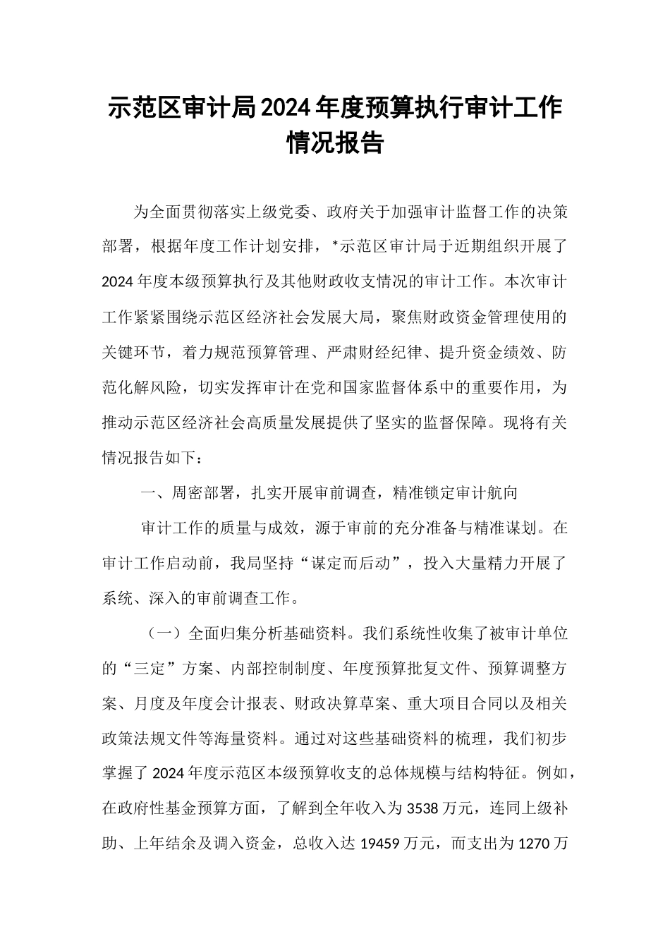 示范区审计局2024年度预算执行审计工作情况报告.docx_第1页