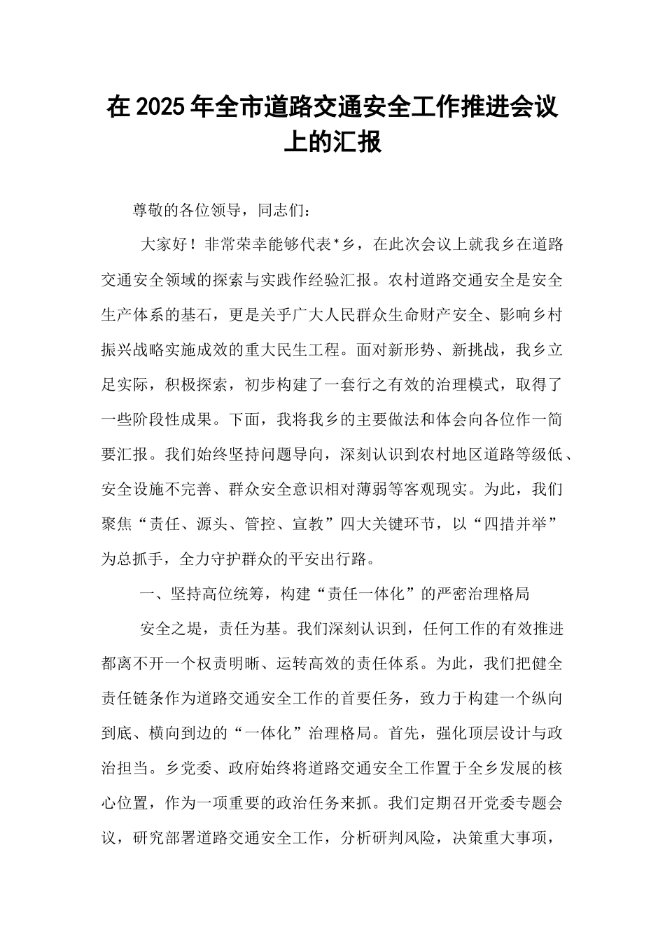 在2025年全市道路交通安全工作推进会议上的汇报.docx_第1页