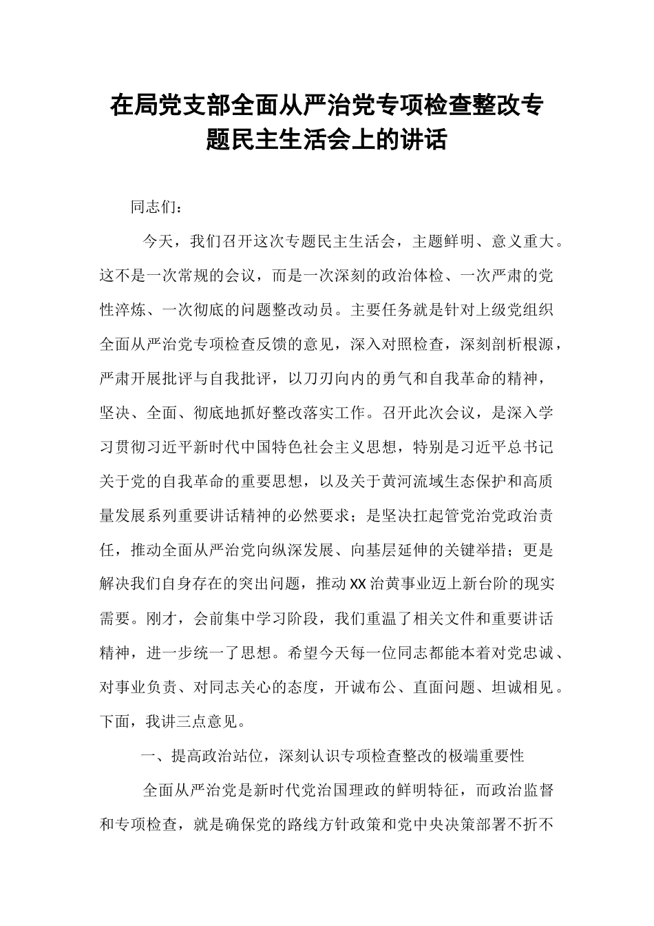 在局党支部全面从严治党专项检查整改专题民主生活会上的讲话.docx_第1页