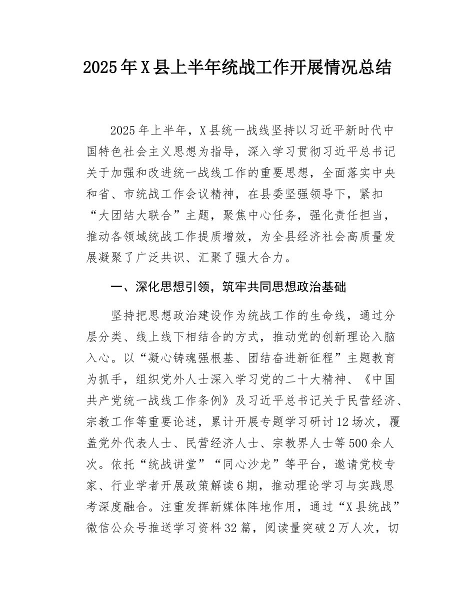 2025年X县上半年统战工作开展情况总结.doc_第1页