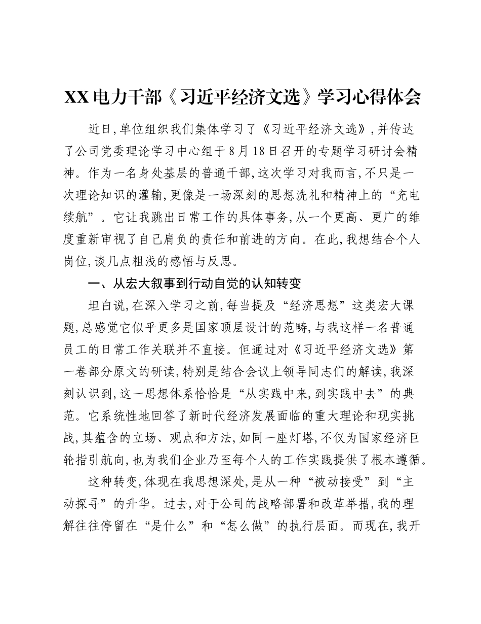 XX电力干部《经济文选》学习心得体会.docx_第1页