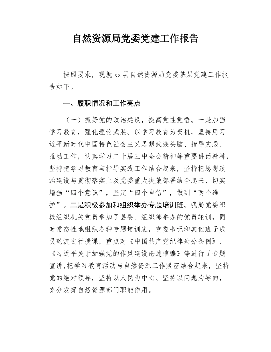 自然资源局党委党建工作报告.docx_第1页