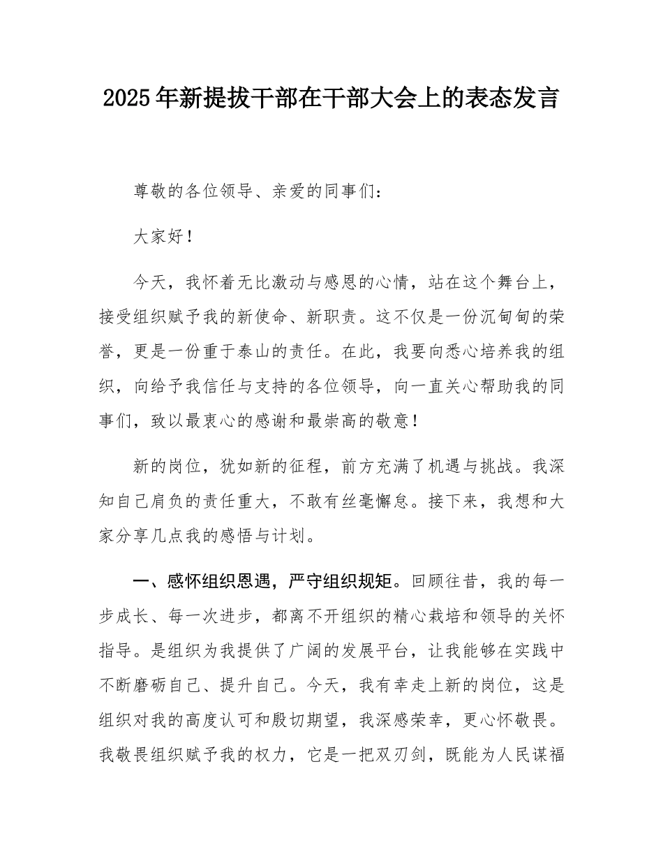 2025年新提拔干部在干部大会上的表态发言.docx_第1页