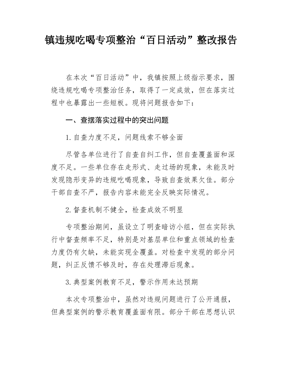 镇违规吃喝专项整治“百日活动”整改报告.docx_第1页