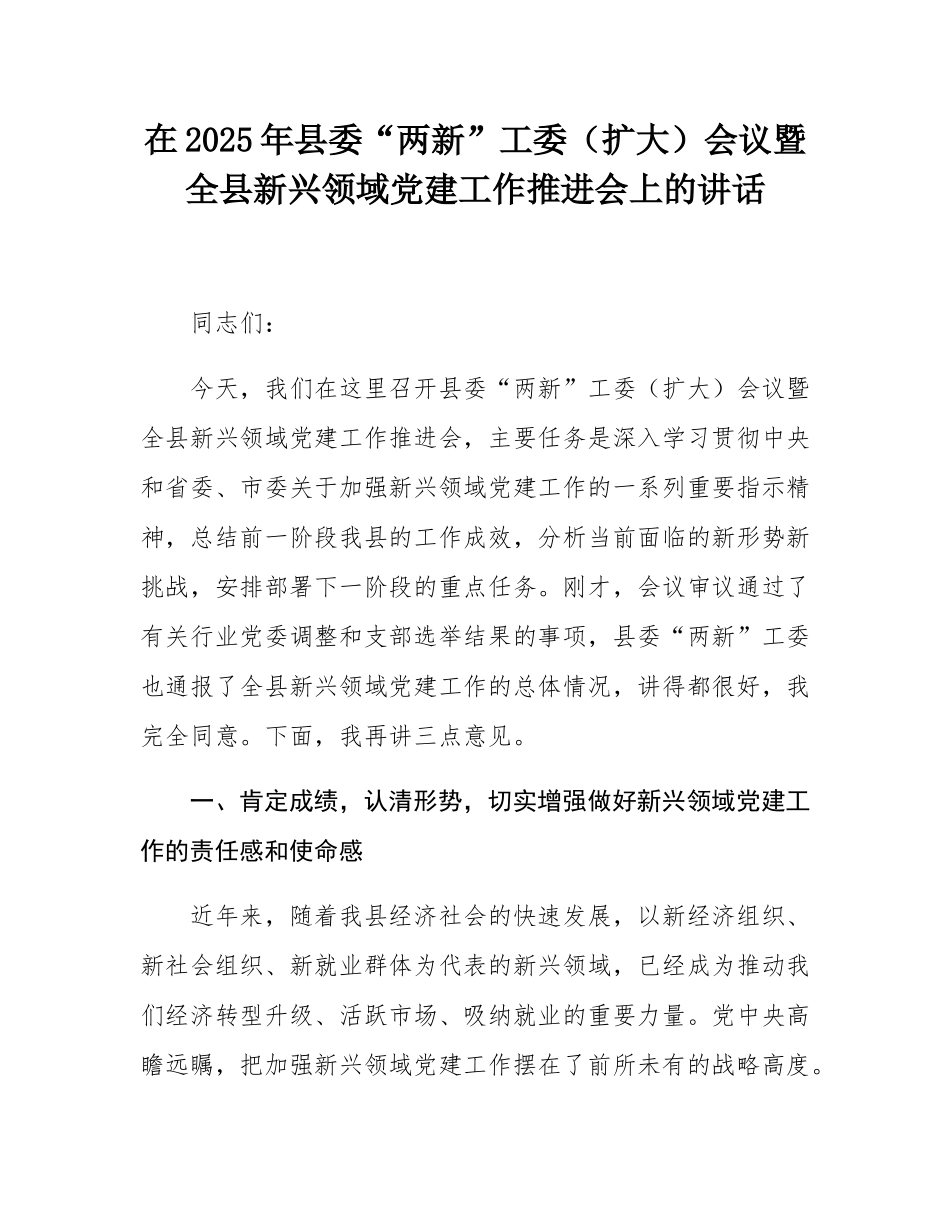 在2025年县委“两新”工委（扩大）会议暨全县新兴领域党建工作推进会上的讲话.docx_第1页