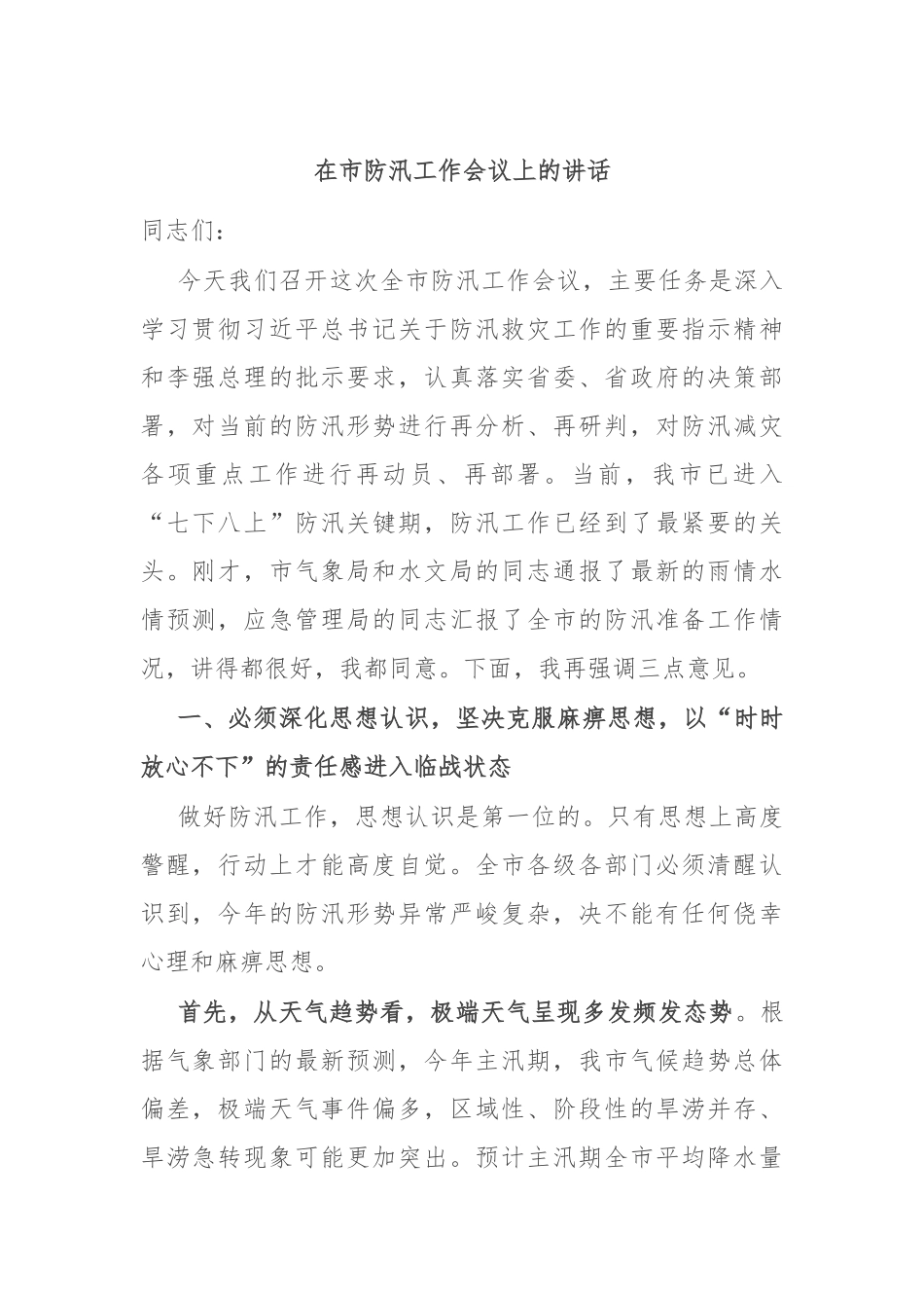 在市防汛工作会议上的讲话.docx_第1页