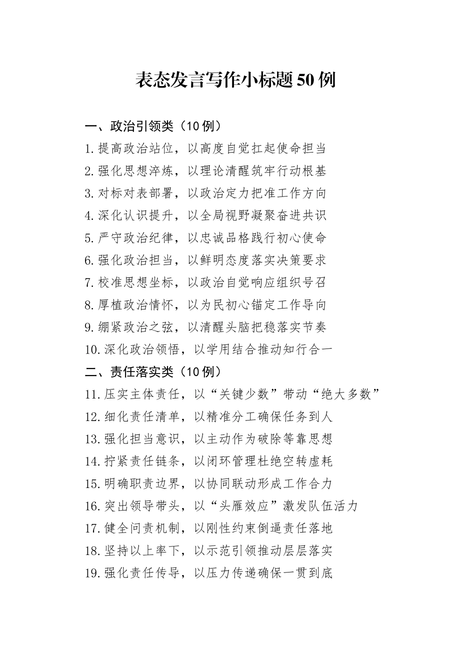 表态发言写作小标题50例.docx_第1页