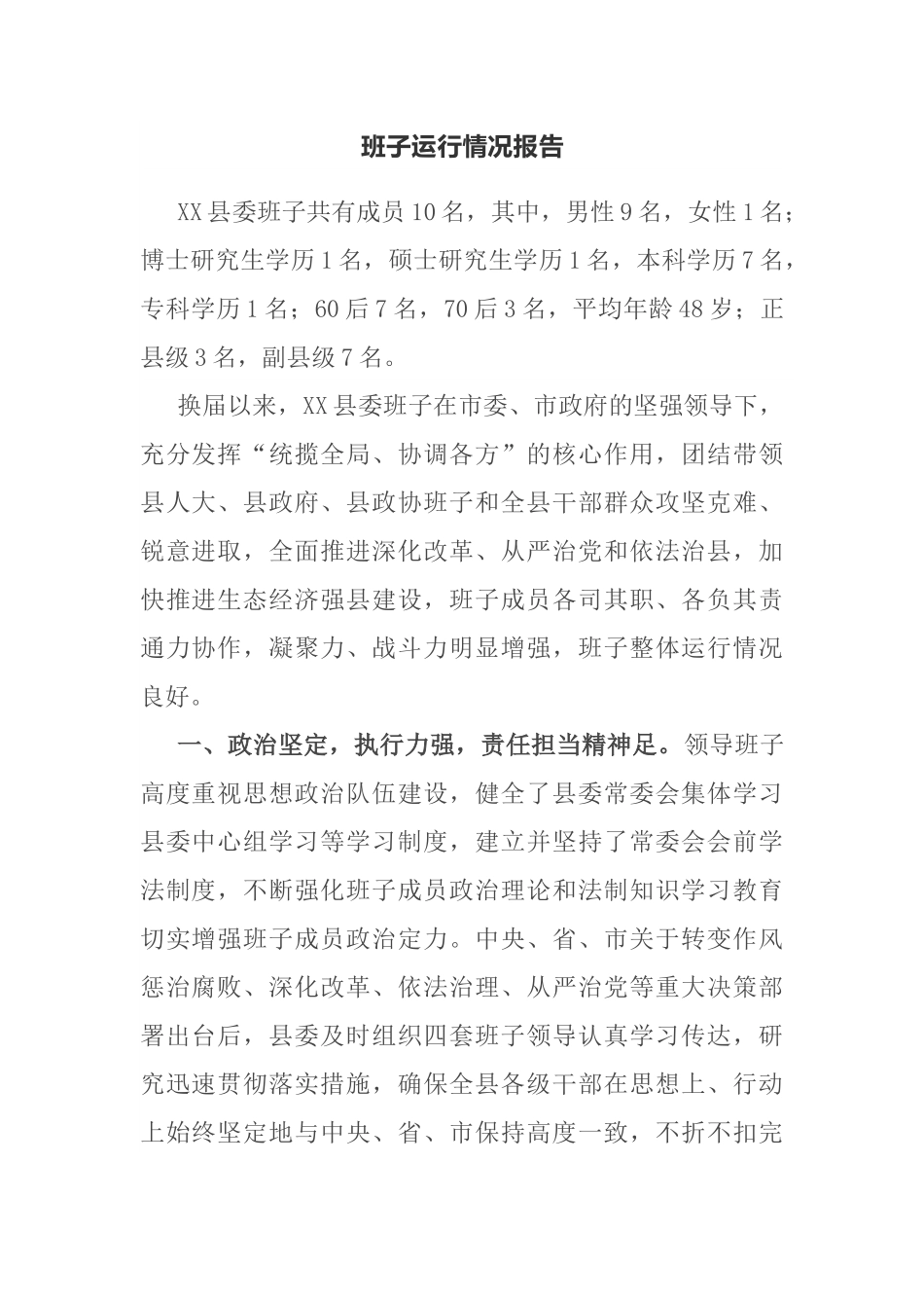 班子运行情况报告范文.docx_第1页