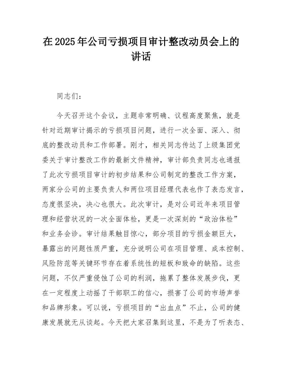 在2025年公司亏损项目审计整改动员会上的讲话.docx_第1页