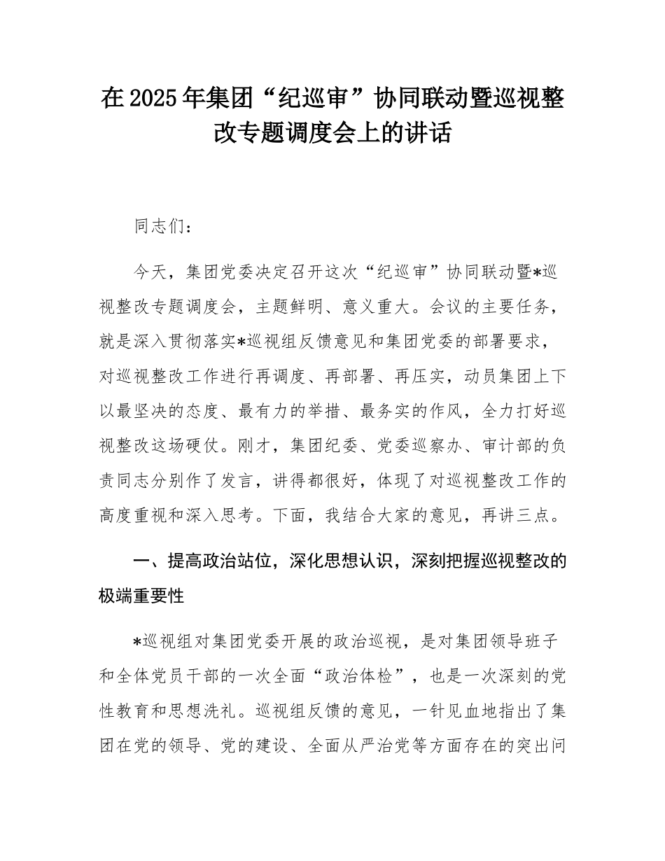 在2025年集团“纪巡审”协同联动暨巡视整改专题调度会上的讲话.docx_第1页