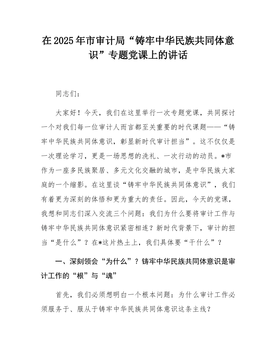 在2025年市审计局“铸牢中华民族共同体意识”专题党课上的讲话.docx_第1页