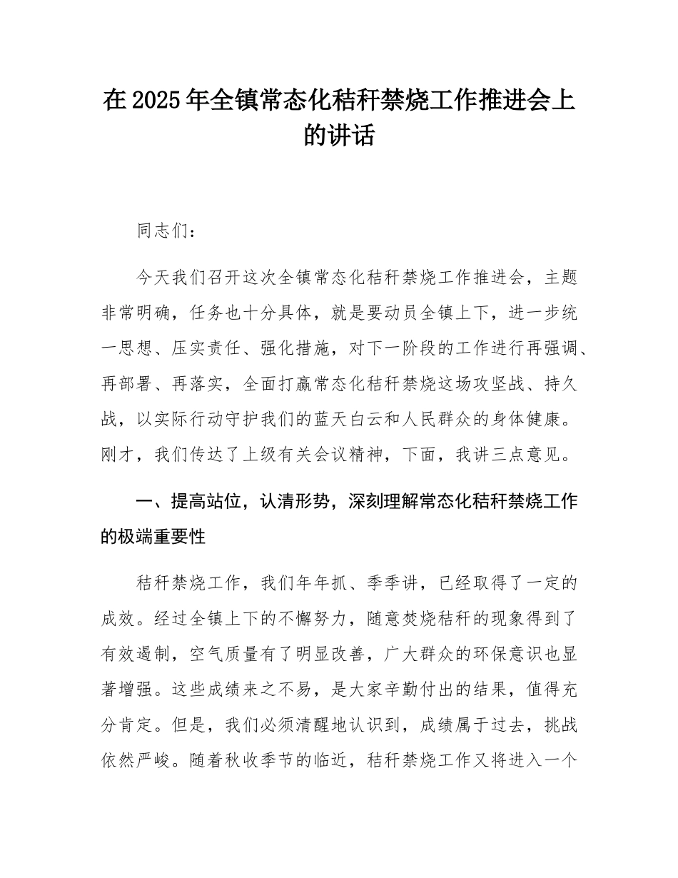 在2025年全镇常态化秸秆禁烧工作推进会上的讲话.docx_第1页